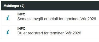 Bildet viser hvordan melding om semesterregistrering vises i studentweb